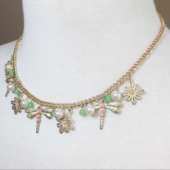 Mint Green & Pink Dragonfly Daisy Flower Charm Gold Necklace Earrings Set - Picture 2 of 3